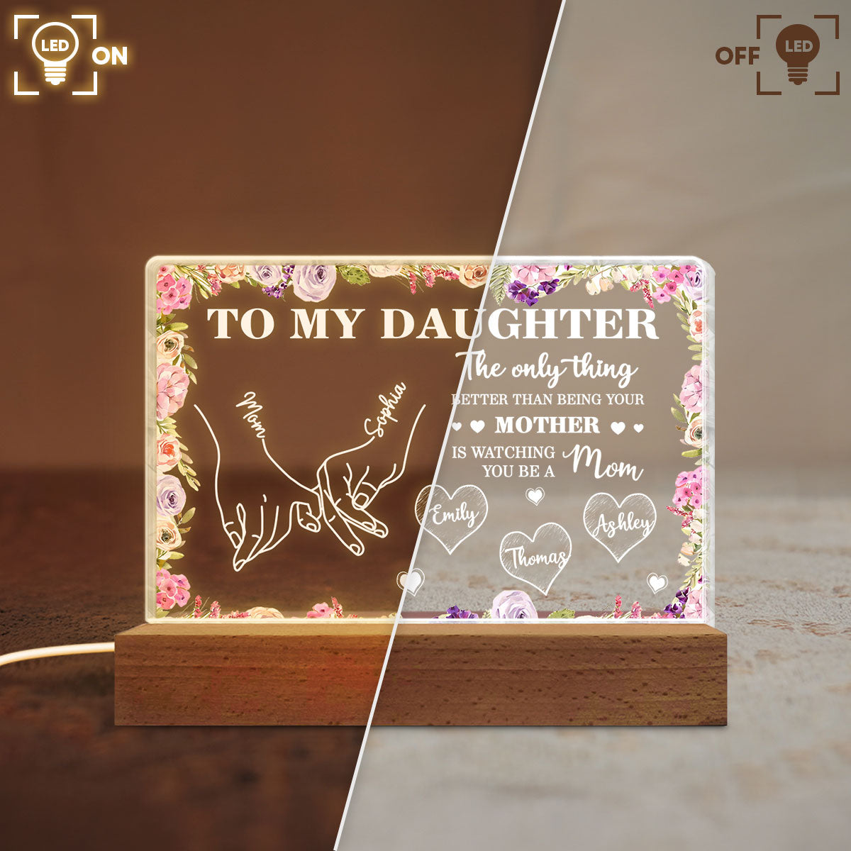 To My Daughter Mom And Daughter Holding Hands Custom Kids Names - Personalized Acrylic Block LED Night Light - Mother's Day Gift For Daughter