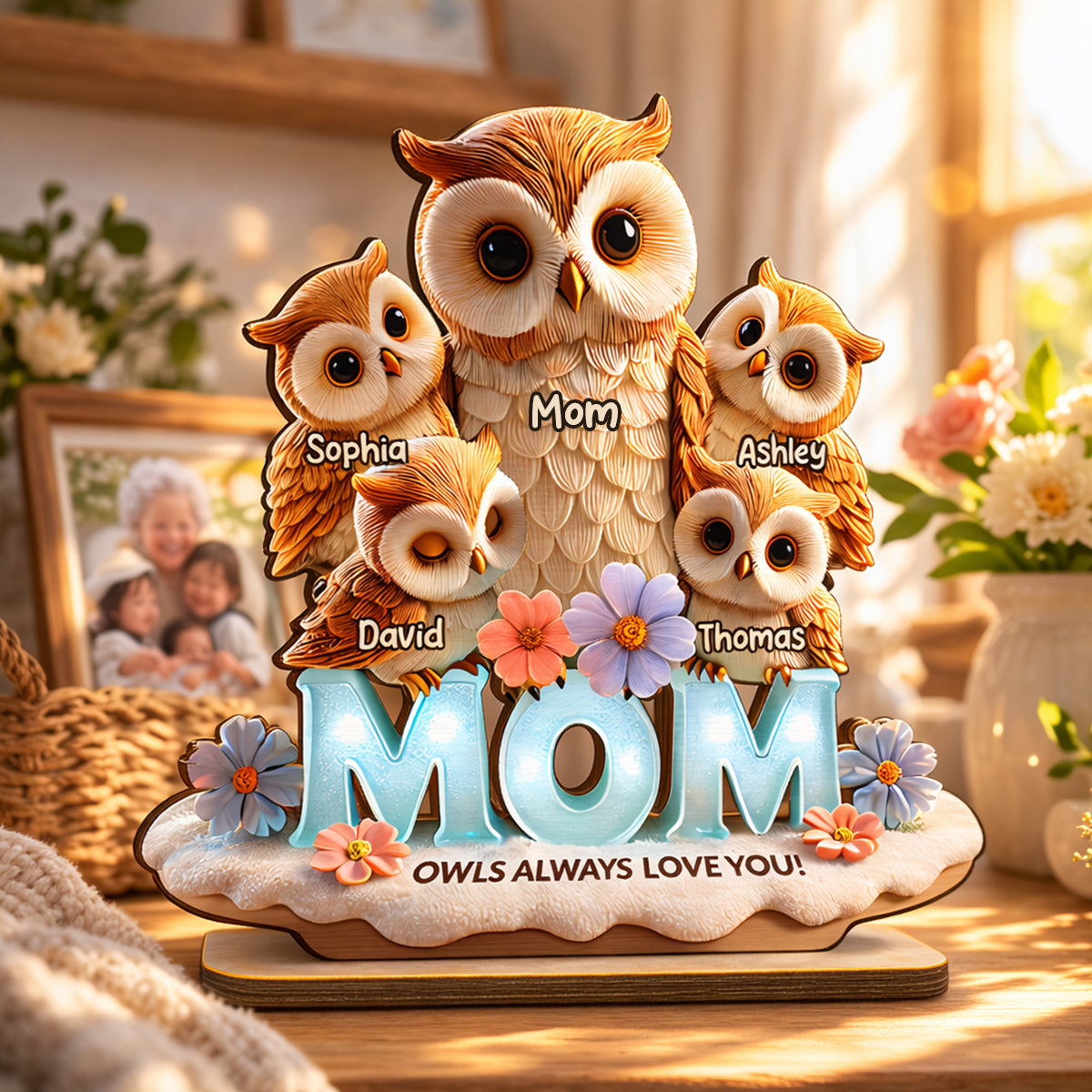 Mom Owls Always Love You - Personalized 2-Layered Wooden Plaque - Gift For Mom