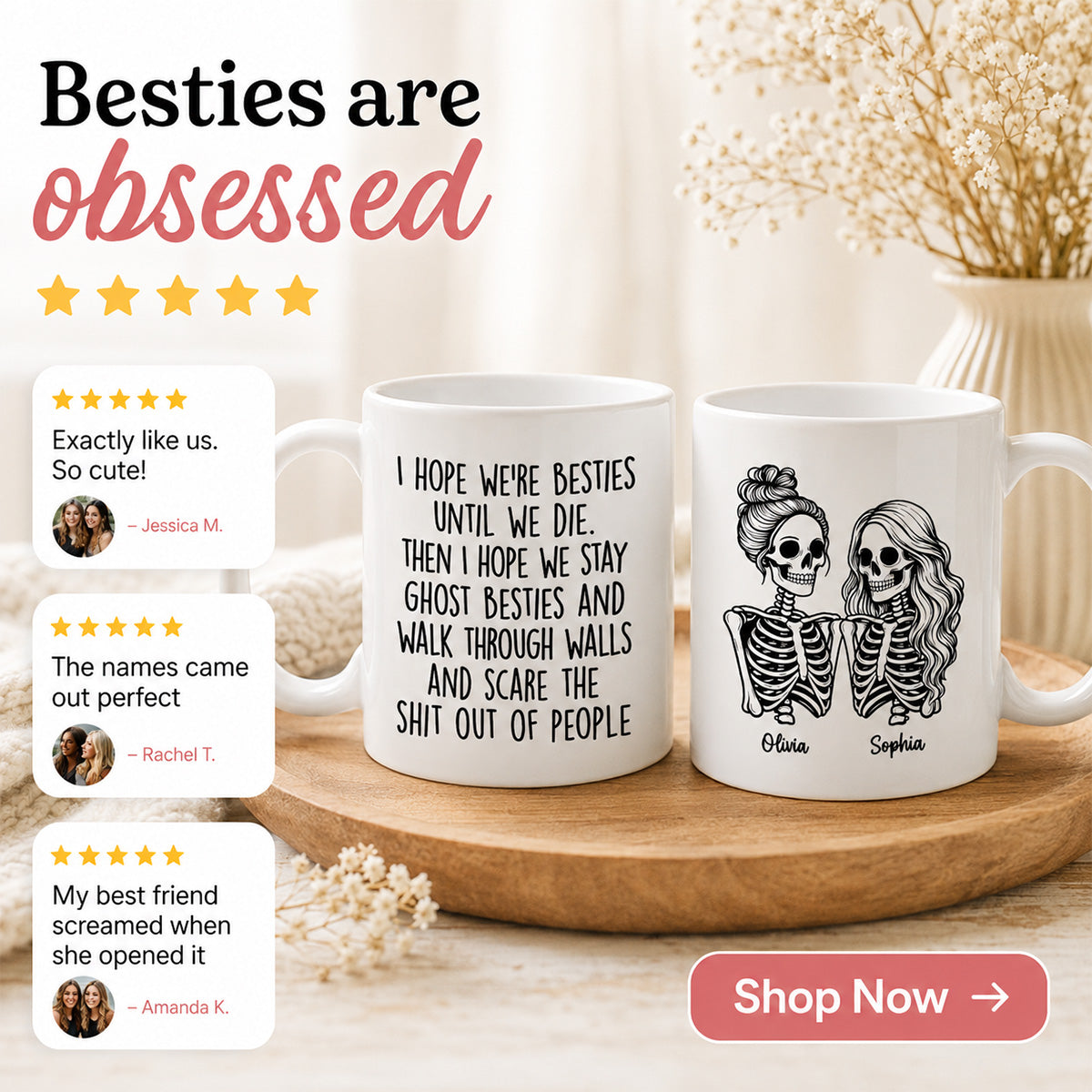 Besties Until We Die Skeleton Besties - Personalized Mug - Funny Work Bestie Gift, Halloween Keepsake For Best Friends