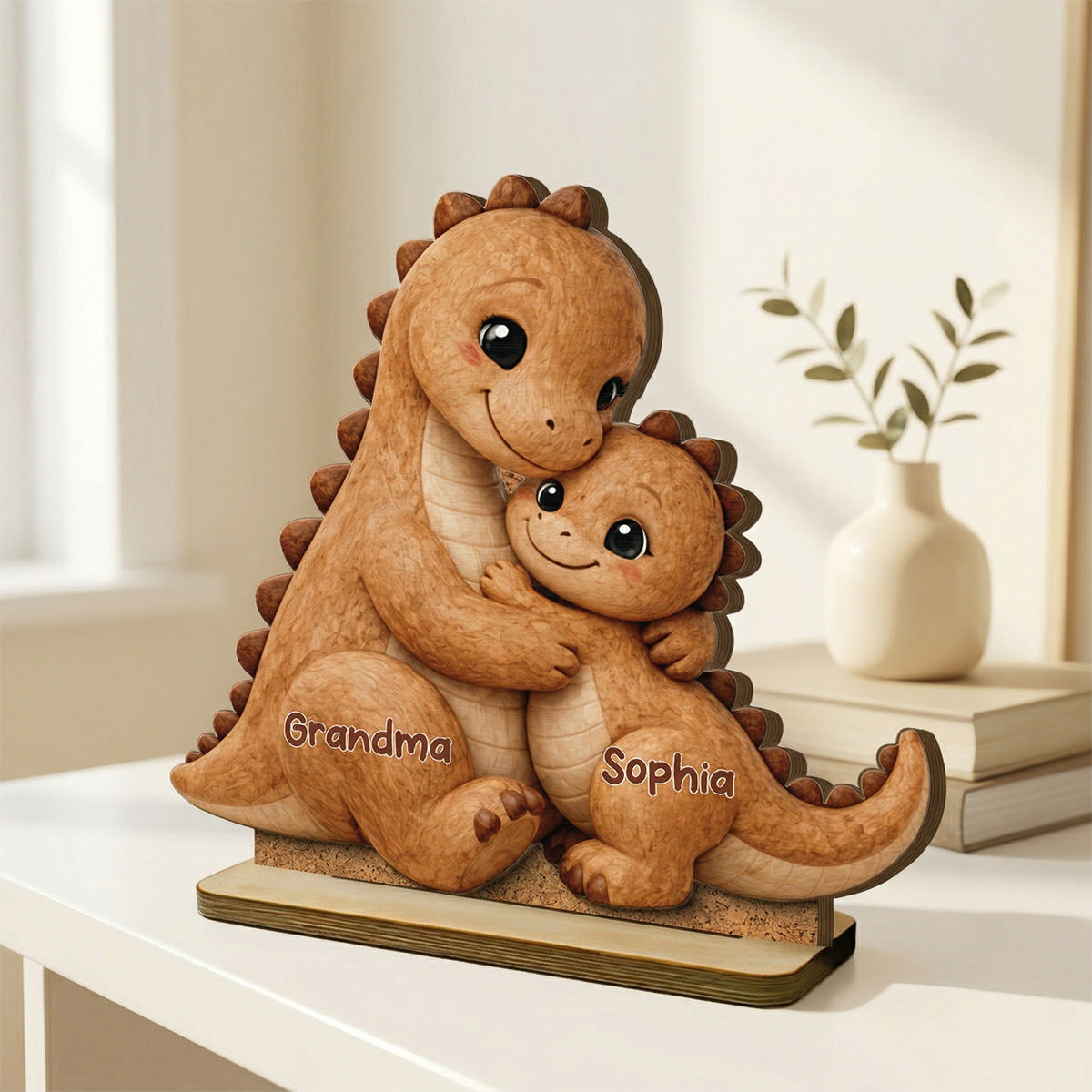 Tender Grandma And Grandchild Dino Hug - Personalized 2-Layered Wooden Plaque - Mother's Day Gift For Grandma, Mom, Wife