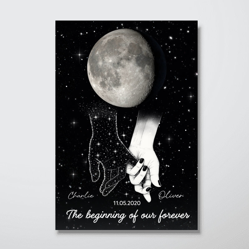 Galaxy Night Couple Holding Hands Custom Moon Phase Anniversary Date - Personalized Poster - Heartfelt Anniversary Gift, Valentine Gift, Wedding Gift For Couple