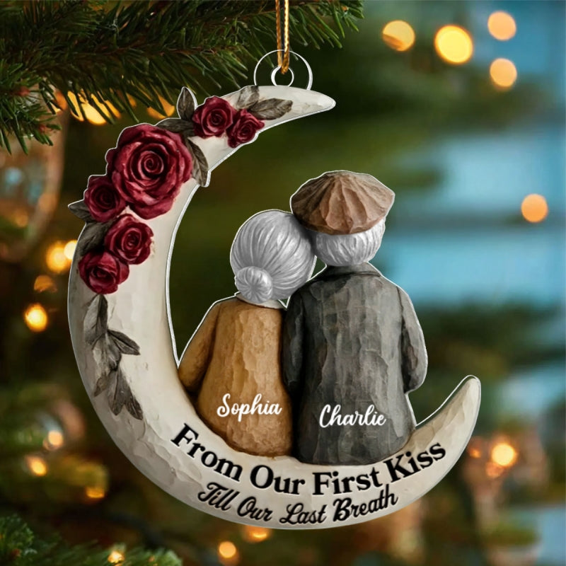 Couple On The Moon Faux Wood - Personalized Acrylic Ornament - Heartwarming Christmas Gift For Him, For Her, For Couple