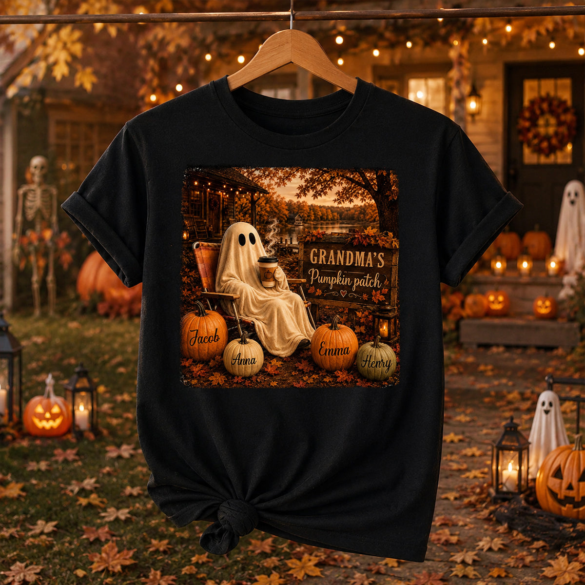 Grandma's Pumpkin Patch Ghost Fall Vibe - Personalized Shirt - Cozy Fall Gift for Grandma