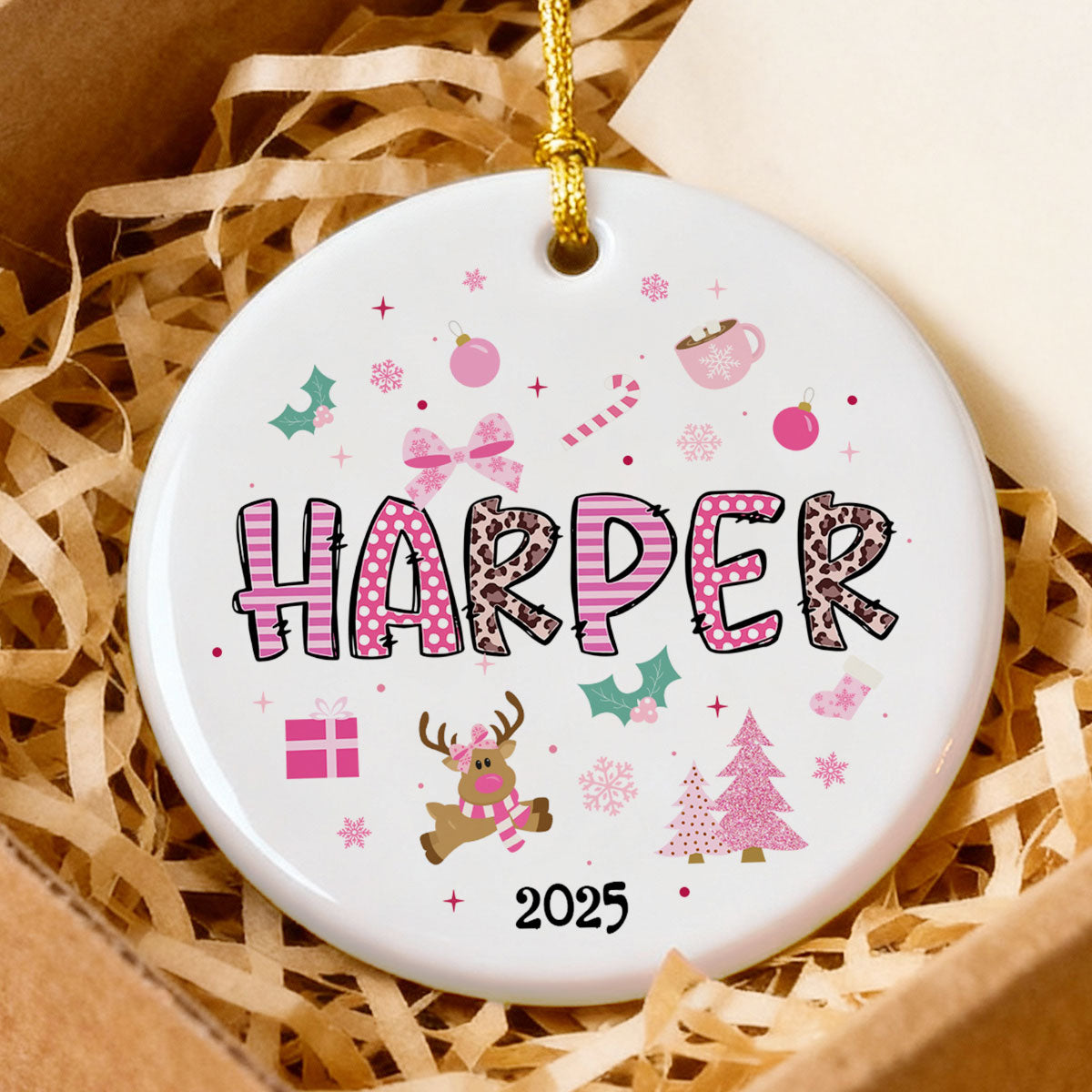 Pink Theme Girls Name Christmas - Personalized Ceramic Ornament - Gift For Daughter, Granddaughter