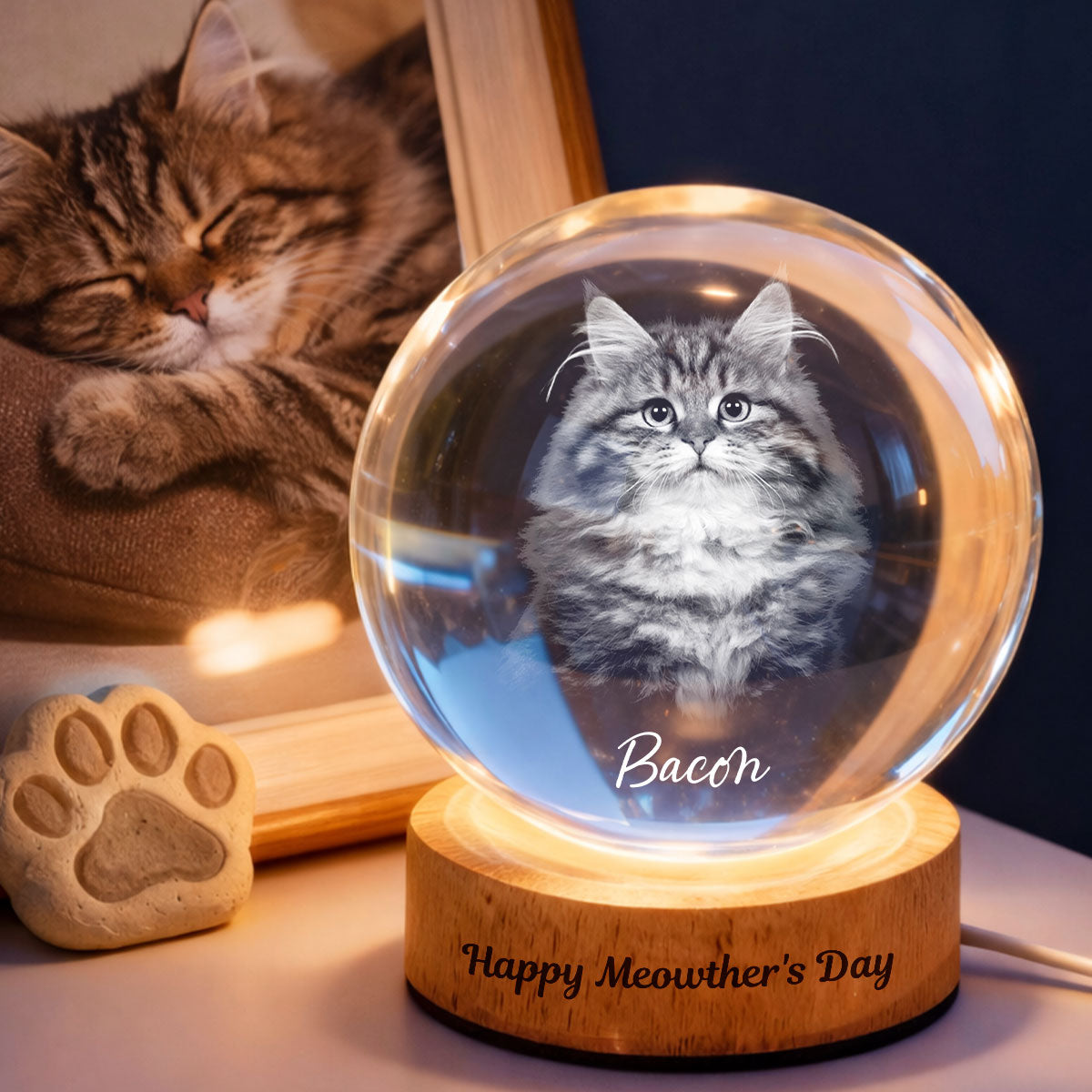 Happy Meowther's Day - Personalized Crystal Ball LED Night Light - Mother's Day Gift for Cat Mom, Wife