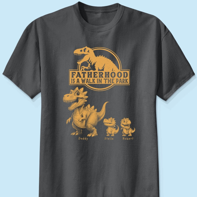 Retro Yellow Vintage Fatherhood Is A Walk In The Park Dinosaurs - Personalized Shirt - Funny Father's Day Gift For Dad, Husband