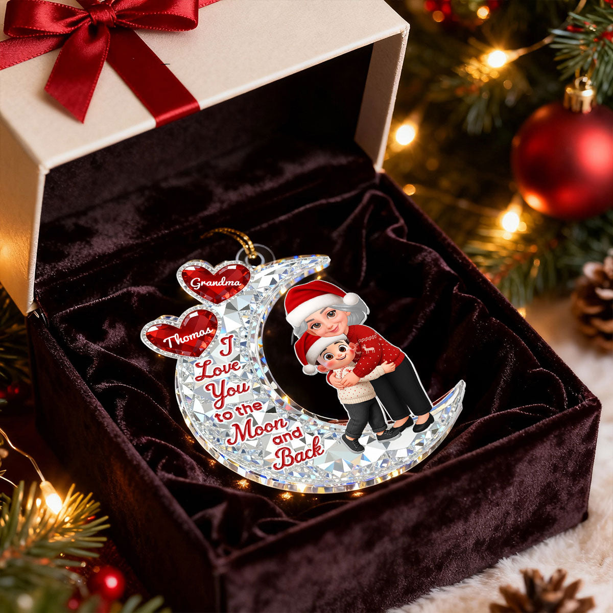 3D Effect Flat Grandma Hugging Grandkid On Moon - Personalized Acrylic Ornament - Gift For Grandma, Grandkids