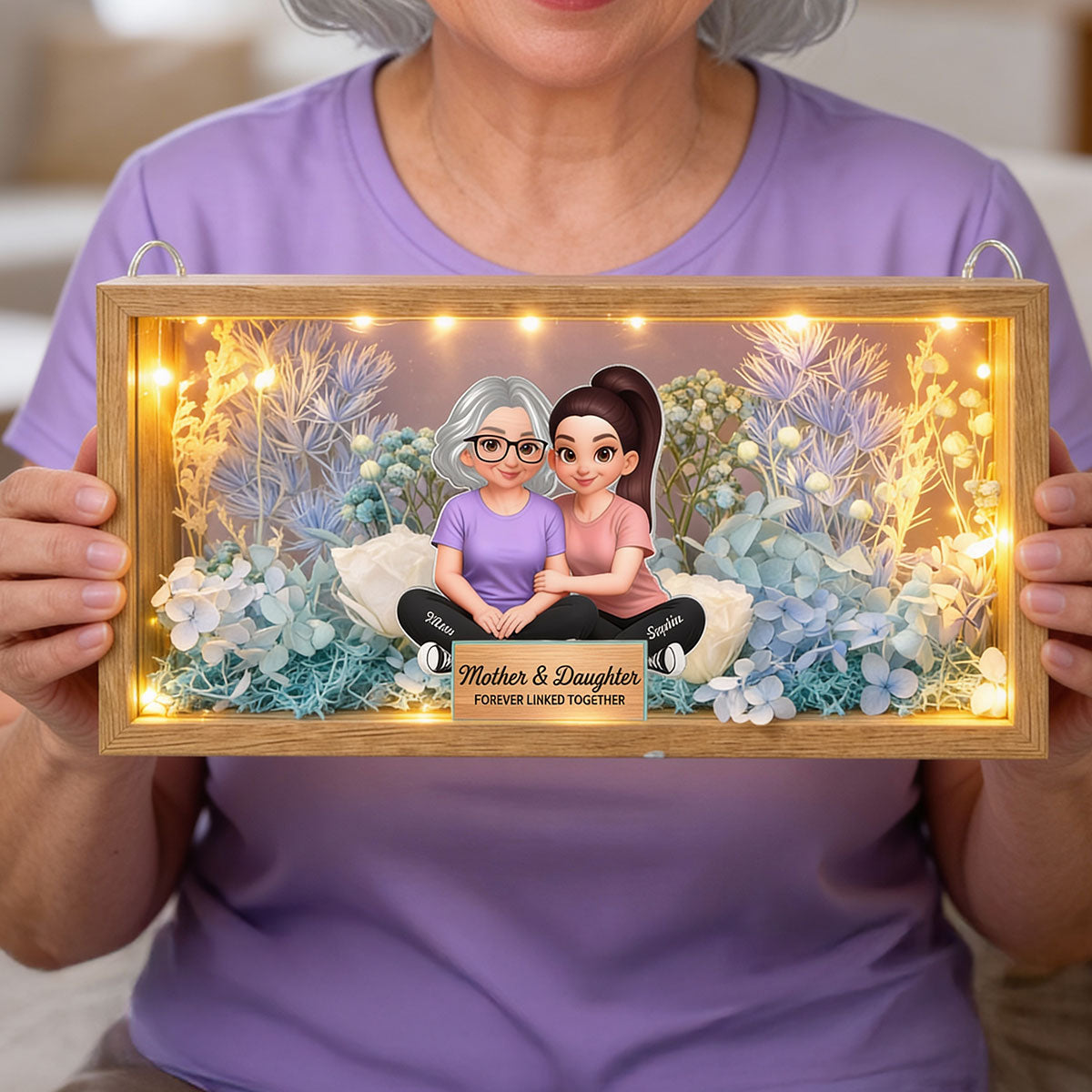 Mom & Daughter Forever Linked Together - Personalized DIY Flower Shadow Box LED Night Light - Gift For Mom, Daughter