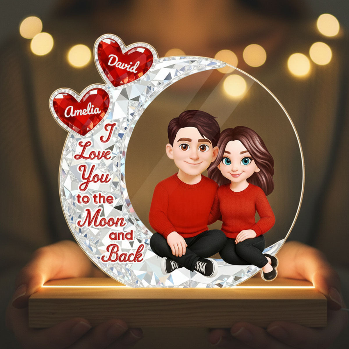 Eternal Love Couple Sitting On Moon - Personalized Plaque LED Night Light - Heartfelt Gift For Couple, Gift For Him, For Her