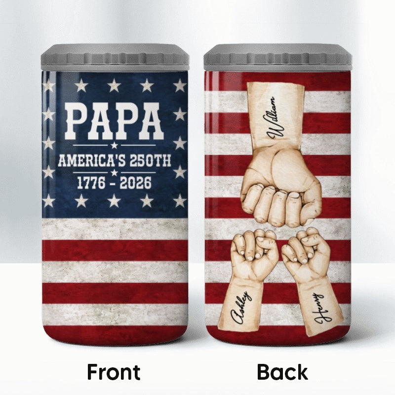 Proud American Dad Grandpa & Kids Fist Bumps - Personalized 4-in-1 Can Cooler - 4th Of July, American 250th Anniversary Gift For Patriotic Dad, Grandpa