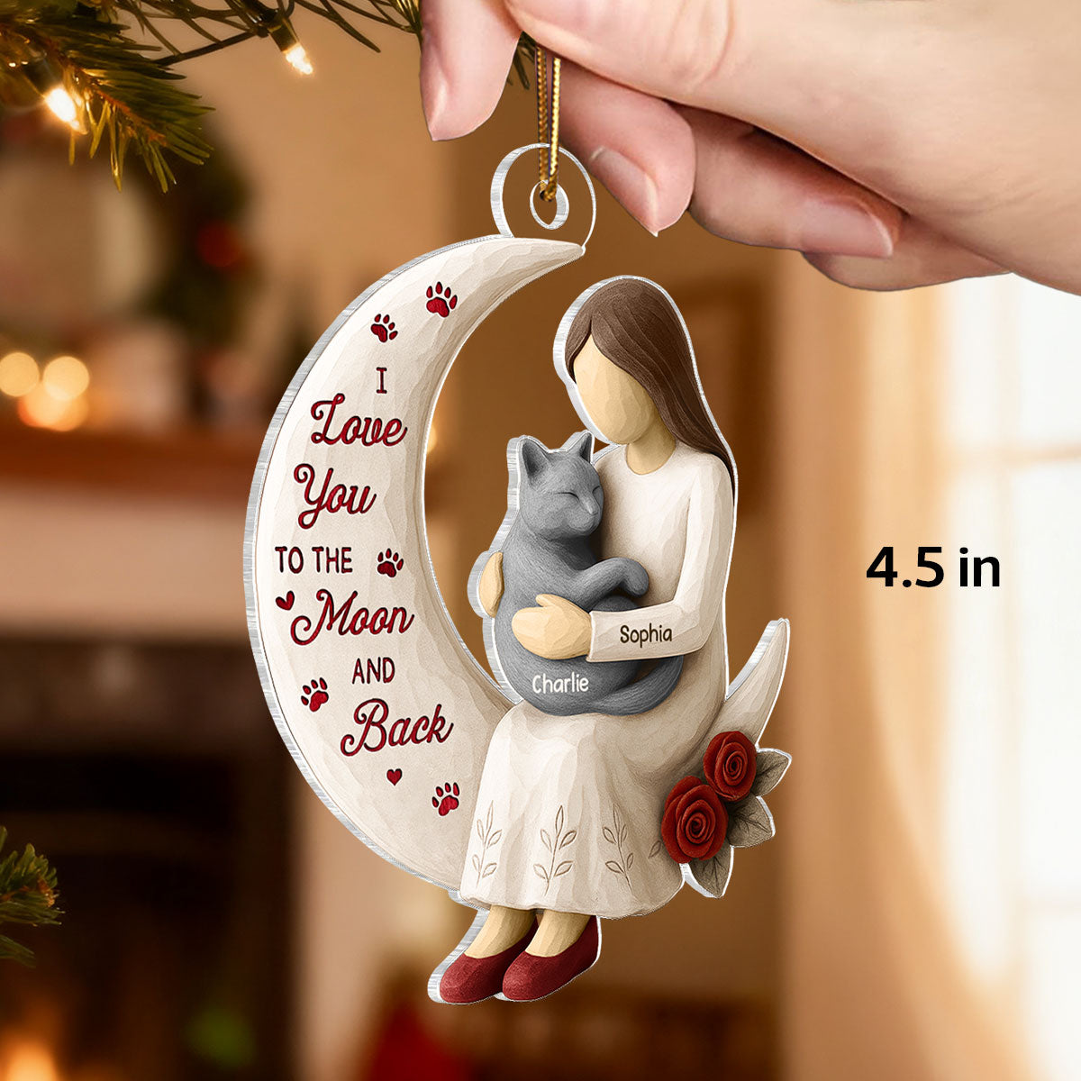 3D Effect Roses Wooden Texture Cat Mom On Moon - Personalized Acrylic Ornament - Christmas Gift For Cat Mom