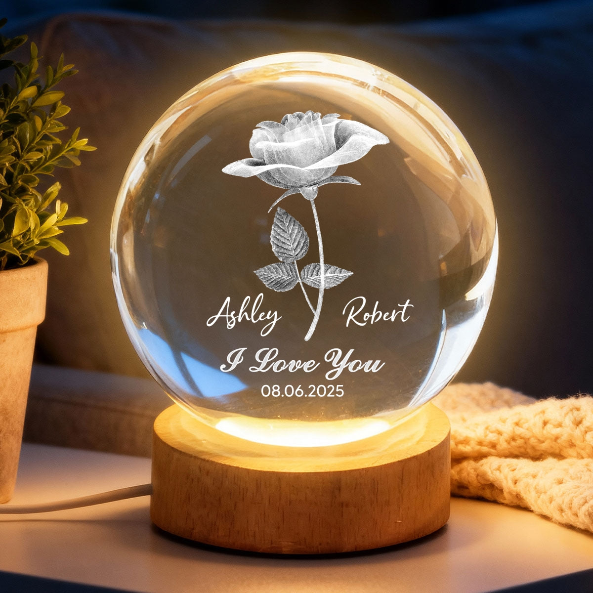 Eternal Love Rose I Love You - Personalized Crystal Ball LED Night Light - Valentine's Day Gift For Couple, For Her, For Him