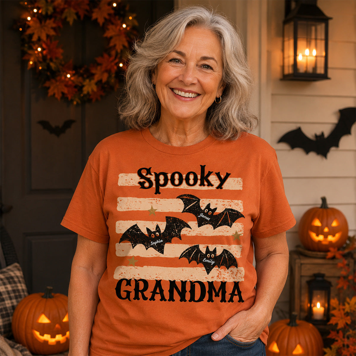 Spooky Grandma Little Bats Stripes - Personalized Shirt - Halloween Gift For Grandma