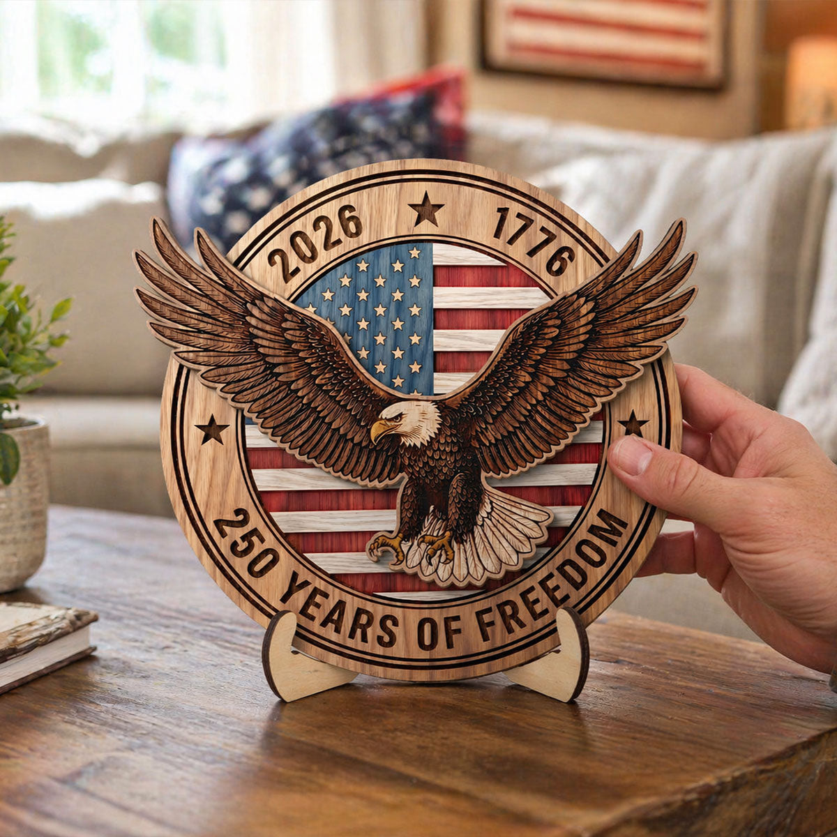 United States 250th Anniversary Eagle & American Flag - Personalized 2-Layered Wooden Plaque - America 250th Anniversary Emblem American Patriot Home Decor