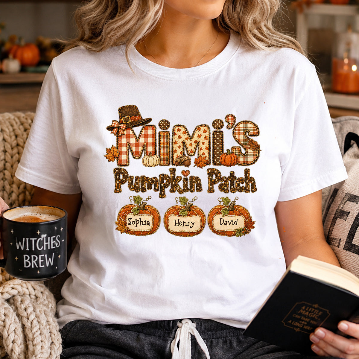 Grandma's Pumpkin Patch Fall Patchwork Pattern - Personalized Shirt - Trendy Fall Halloween Tee for Grandma