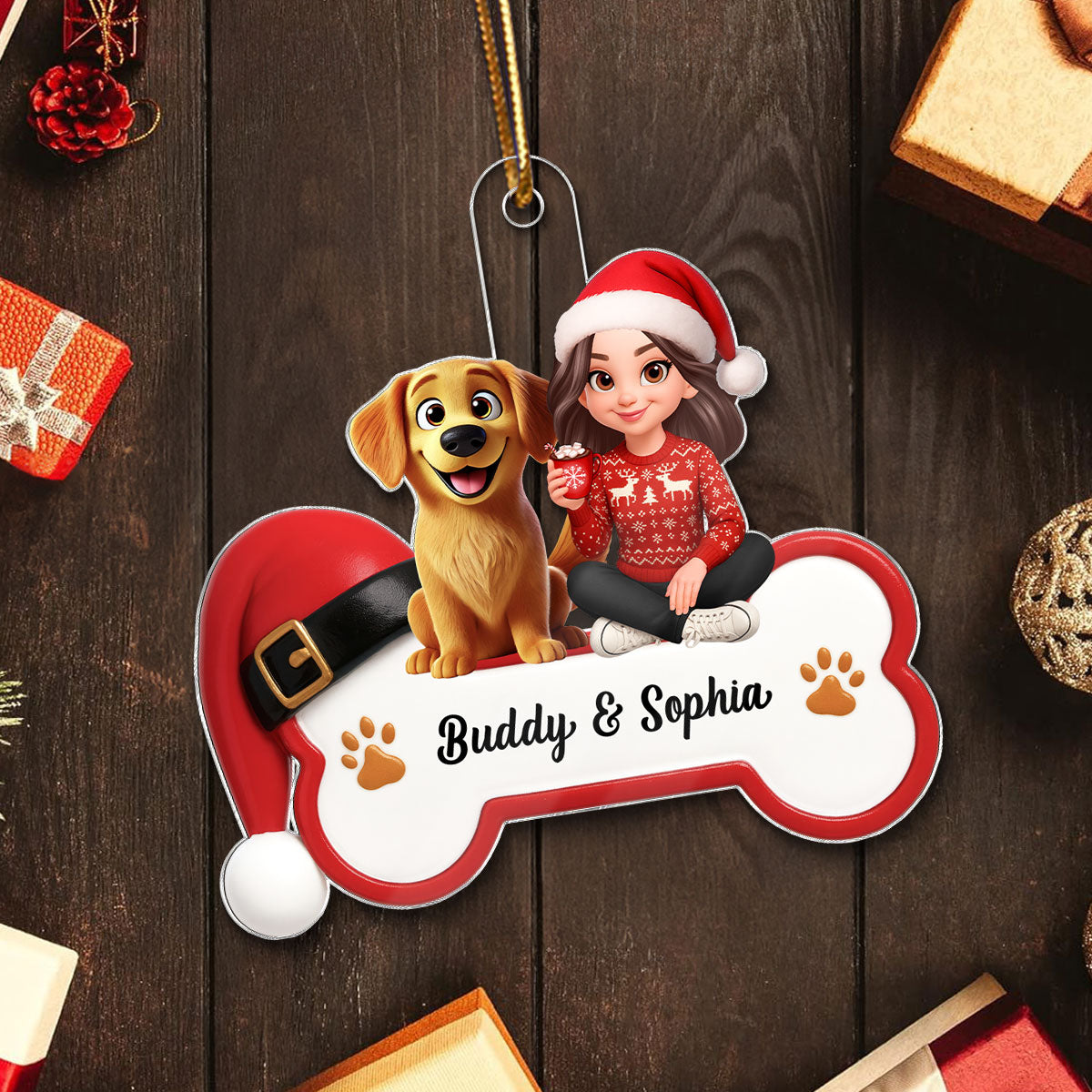 3D Effect Christmas Dog Bone Girl And Dog - Personalized Acrylic Ornament - Gift For Dog Lovers