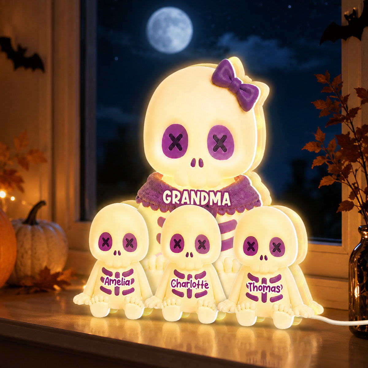 Cute Skeleton Grandma Grandkids Fall Halloween Decor - Personalized Light Box - Gift For Grandmas