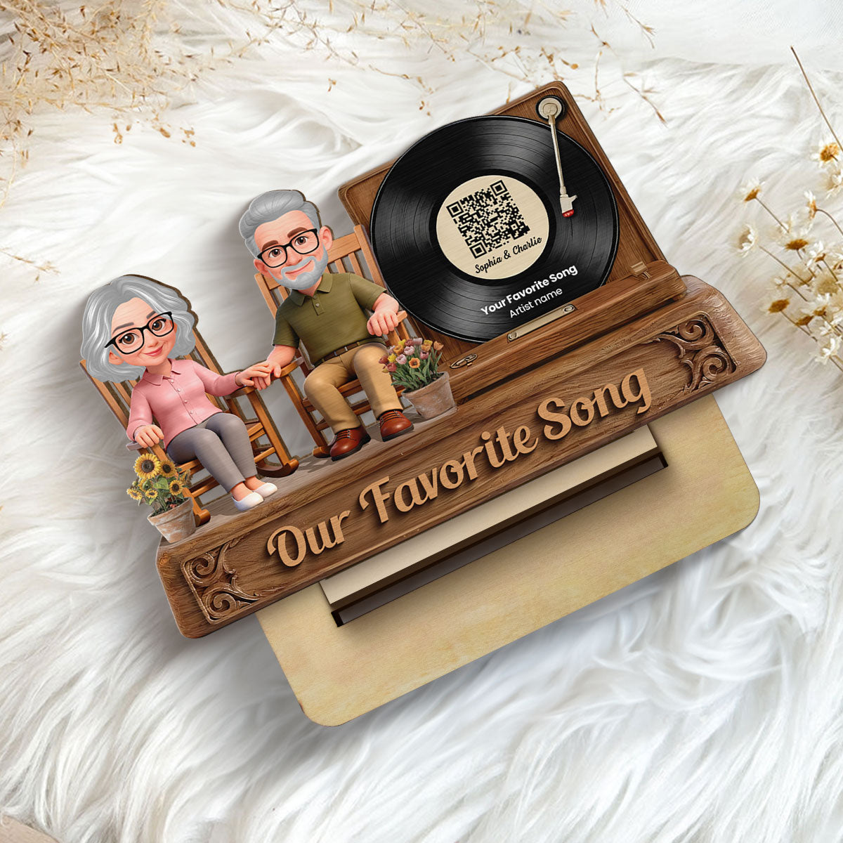 3D Effect Old Couple Sitting On Rocking Chair Favorite Song - Personalized 2-Layered Wooden Plaque