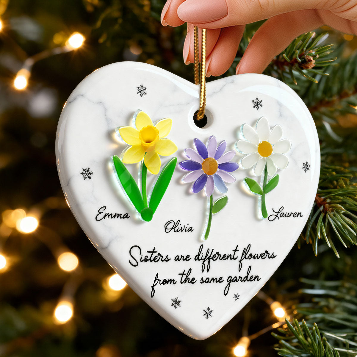 3D Effect Sea Glass Sisters Are Different Flowers from the Same Garden - Personalized Ceramic Ornament with Acrylic