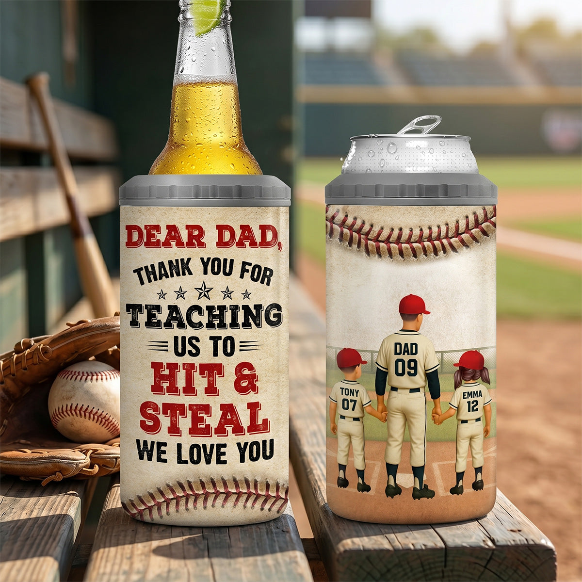 Thank You For Teaching Us To Hit & Steal Baseball Dad & Kids - Personalized Can Cooler - Father's Day Gift For Dad, Husband