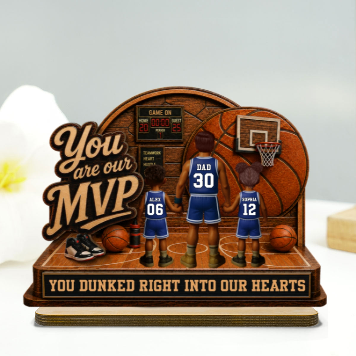 You Are Our MVP Standing Basketball Man & Kids 2D Flat - Personalized 2-Layered Wooden Plaque -  Gift For Basketball Dad