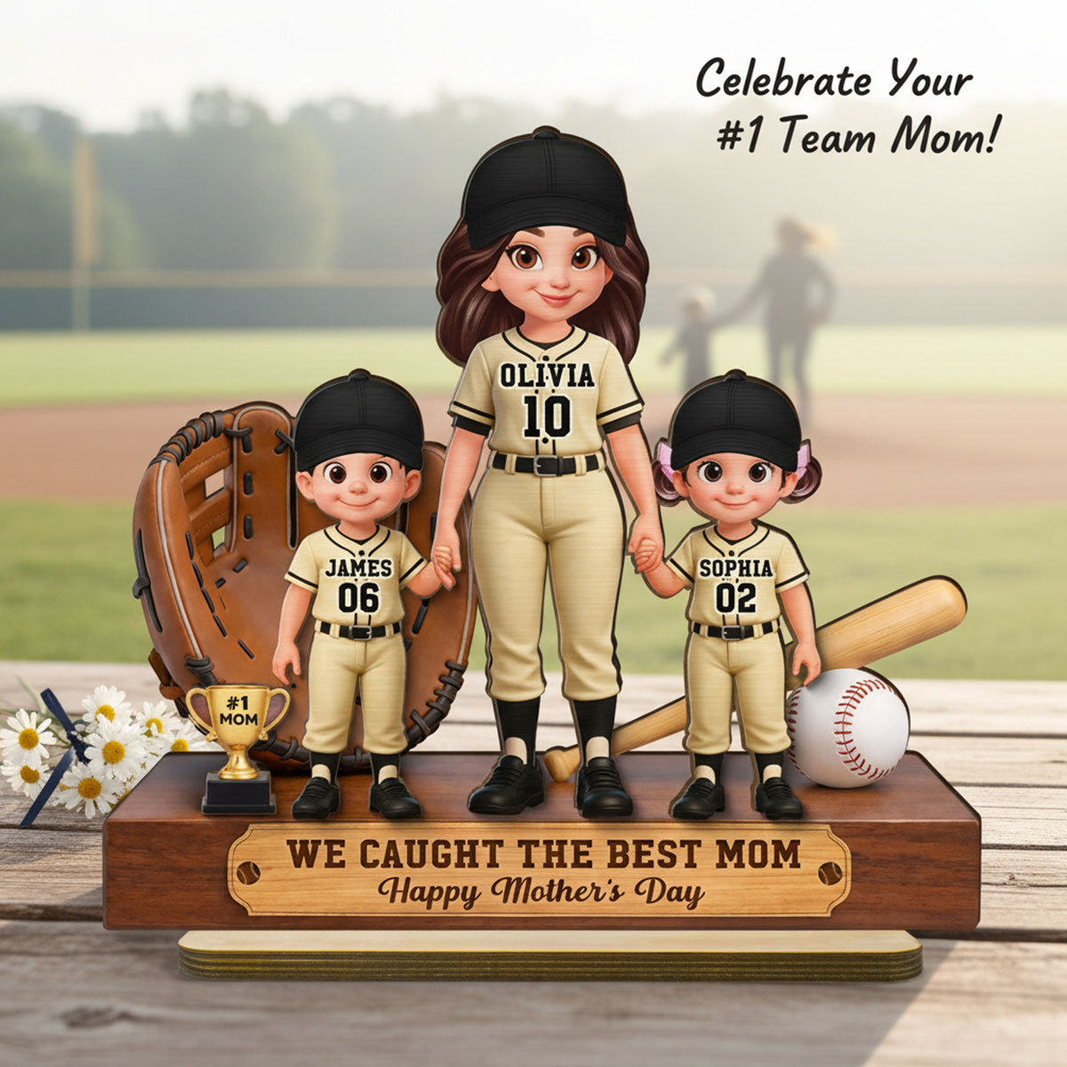 Baseball Mom And Kids We Caught The Best Mom - Personalized 2-Layered Wooden Plaque - Mother's Day Gift For Baseball Mom