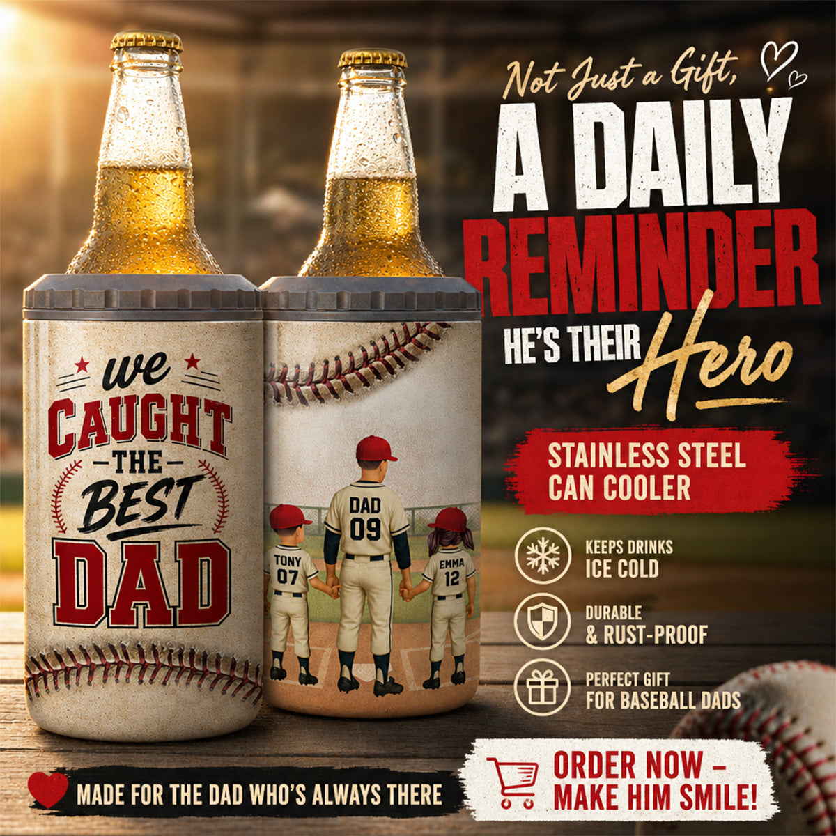 We Caught The Best Dad Baseball Dad & Kids - Personalized Can Cooler - Father's Day Gift For Dad, Husband