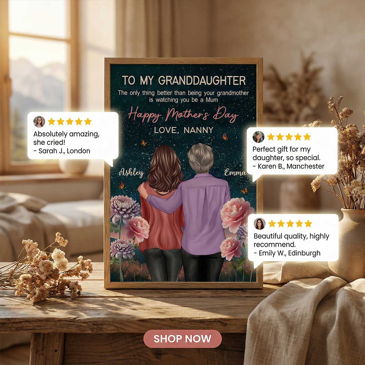 To My Granddaughter From Nanny Birth Month Flower Beautiful Hill At Night - Personalised Poster - Mother's Day Gift