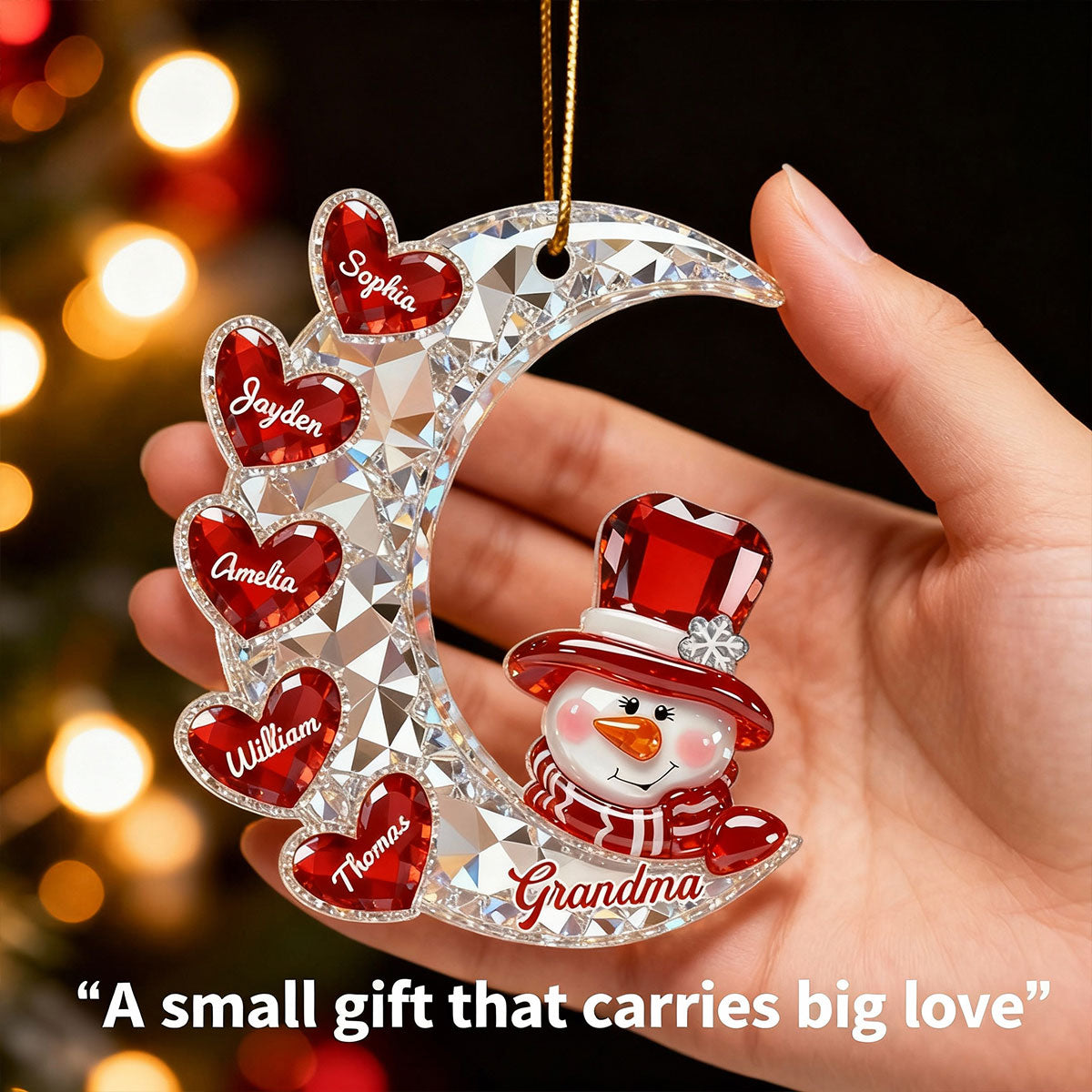 3D Effect Flat Snowman Grandma On Moon Grandkids Hearts Names - Personalized Acrylic Ornament - Gift For Grandma, Grandkids