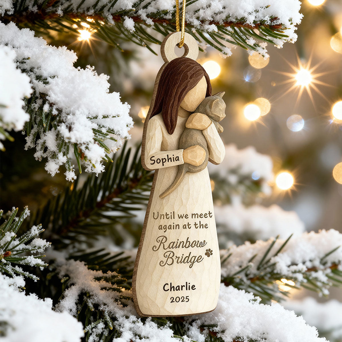 Until We Meet At Rainbow Bridge Woman & Cat 3D Effect - Personalized Wooden Ornament - Memorial Keepsake