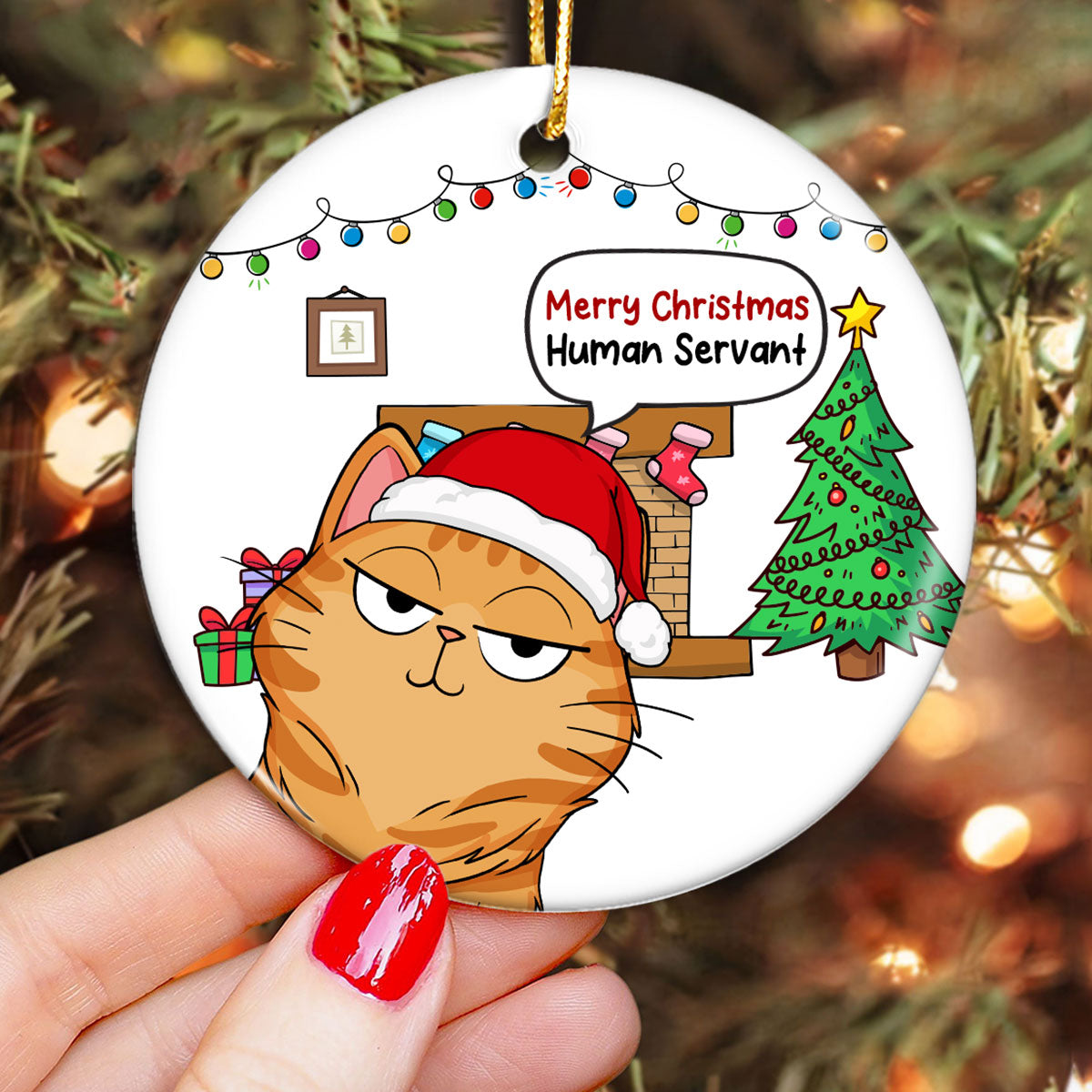 Christmas Fluffy Funny Cats Expressions Merry Christmas Human Servant Personalized Circle Ornament