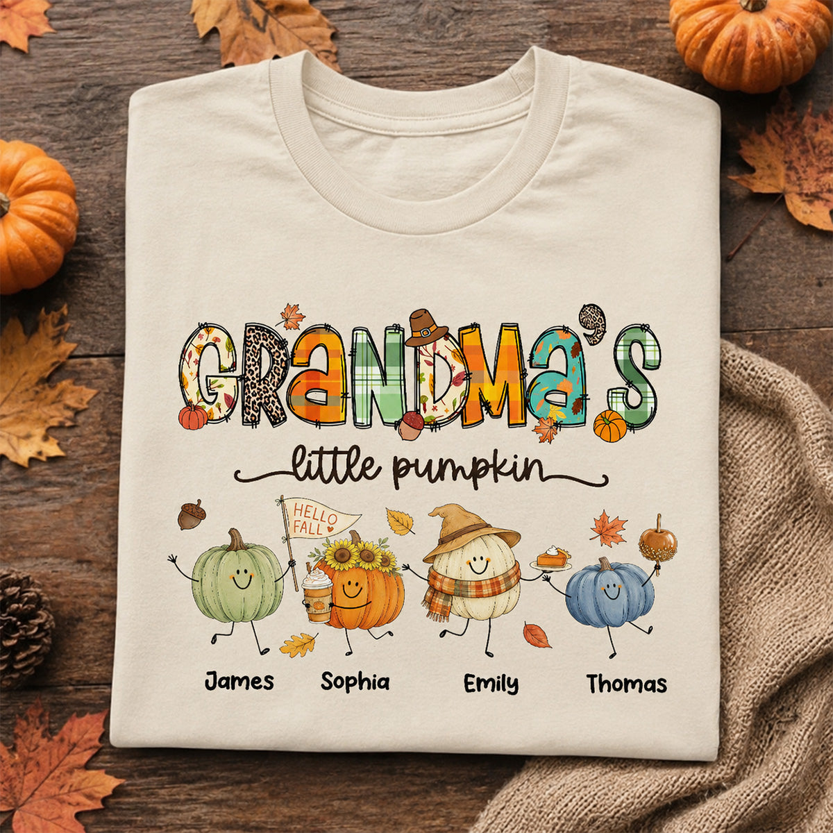 Grandma's Little Pumpkins Cute Doodle Pumpkins - Personalized Shirt - Fall Season Gift For Grandma, Mom