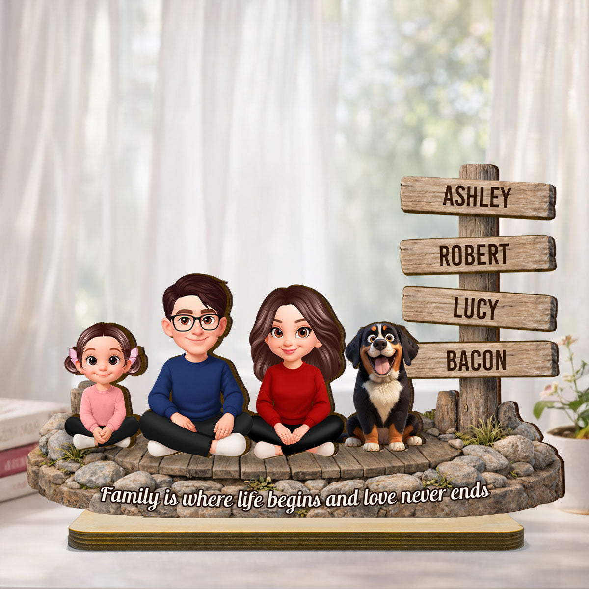 Family Is Where Love Never Ends Sign Post - Personalized 2-Layered Wooden Plaque - Heartfelt Gift For Mom, Dad