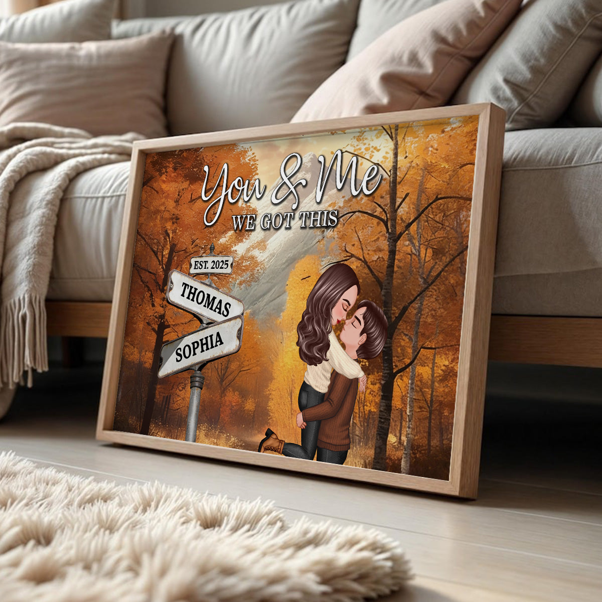 Couple Kissing Crossroads Street Sign Nostalgia Fall Theme - Personalized Poster - Anniversary, Valentine's Day Gift For Couple
