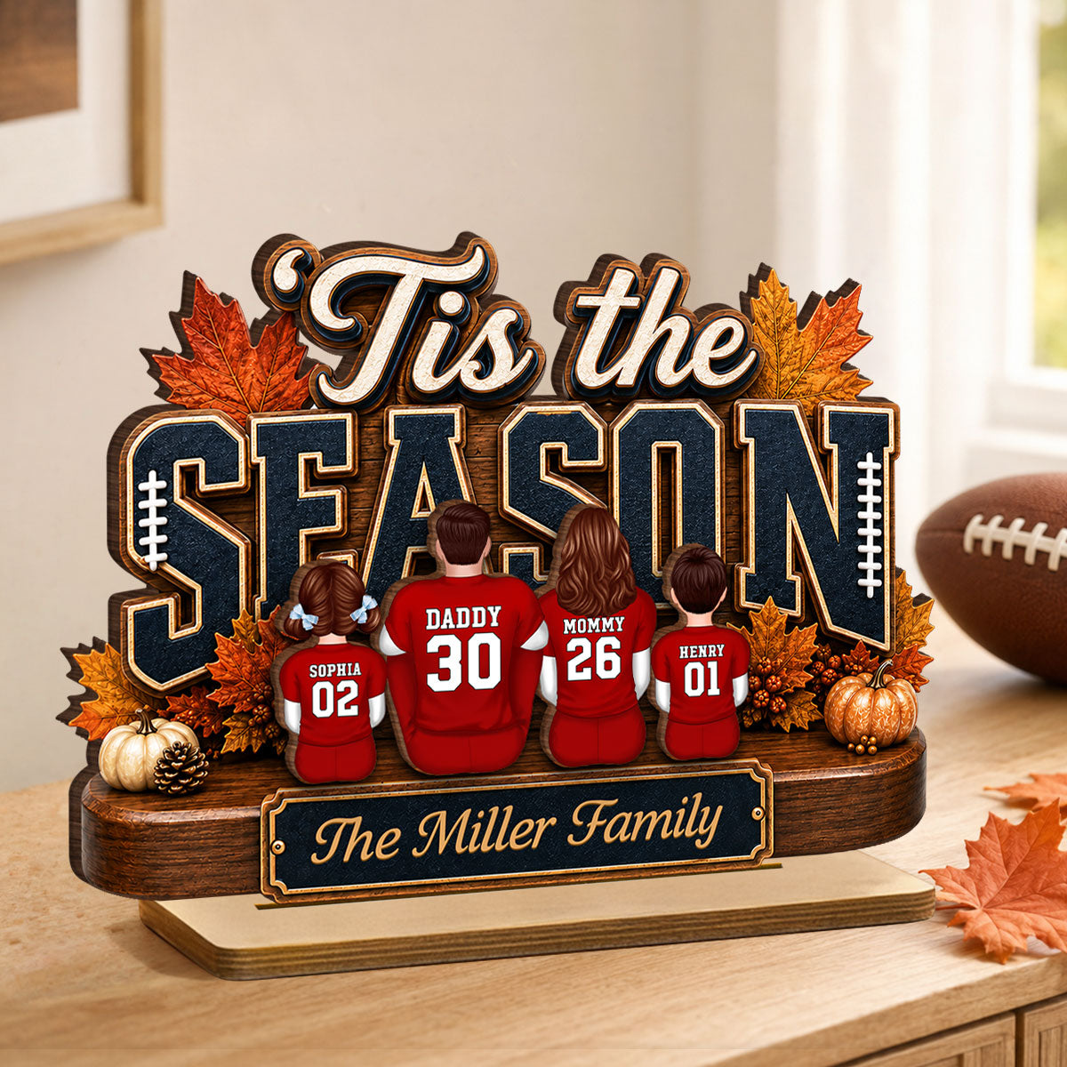 Tis the Football Season - Personalized 2-Layered Wooden Plaque - Family Fall Decor