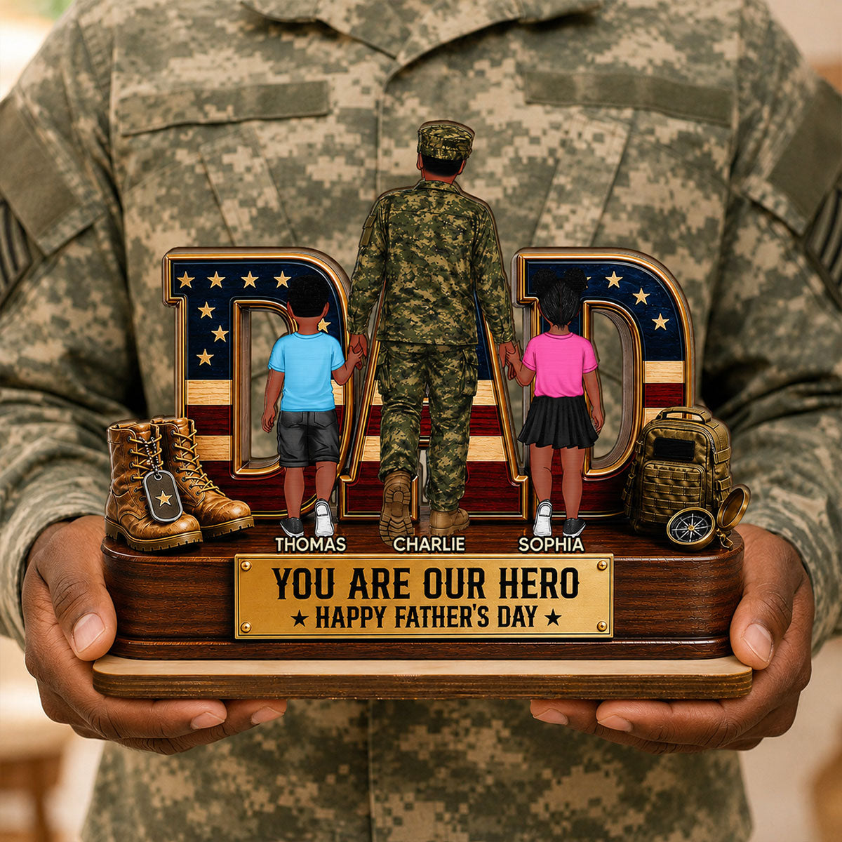 Nation Flag Military Dad You Are Our Hero - Personalized 2-Layered Wooden Plaque -  Gift For Dad, Husband