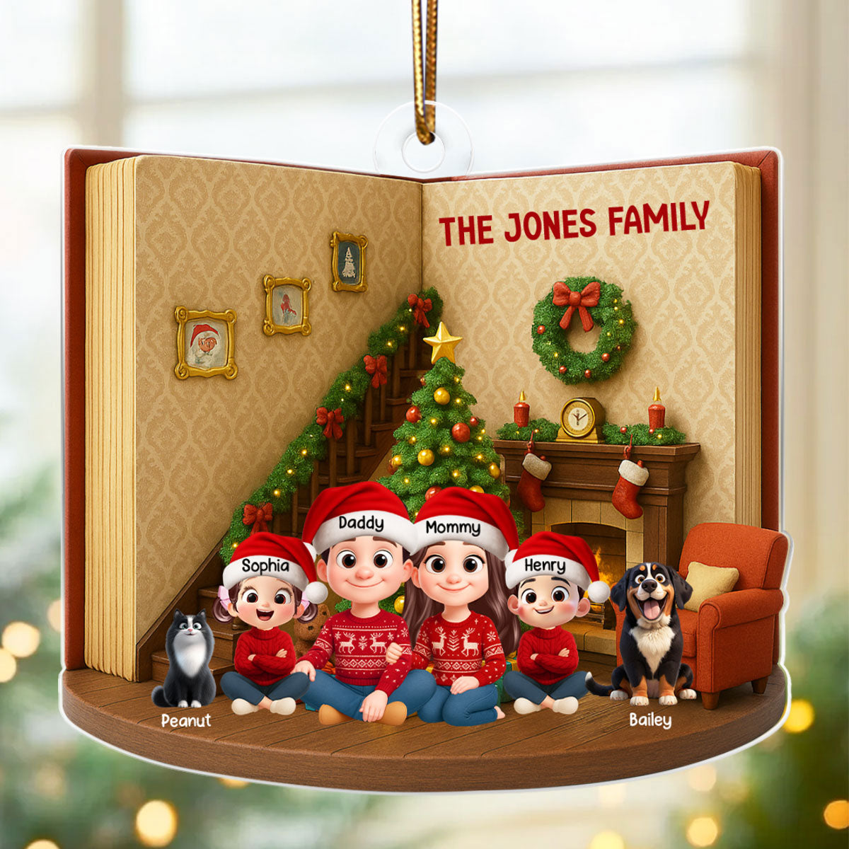 3D Book House Cozy Vibe Family Sitting Together - Personalzied Acrylic Ornament - Christmas Gift for Family