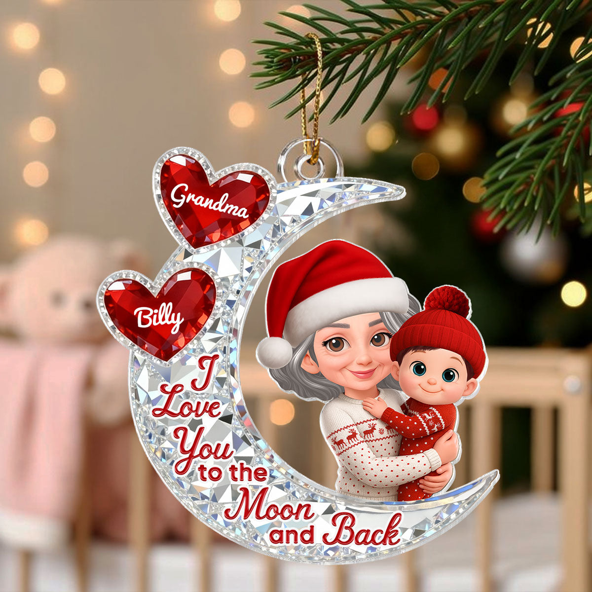3D Effect Flat Moon Grandma Grandkid Love You To The Moon And Back - Personalized Acrylic Ornament - Christmas Gift For All Grandkids