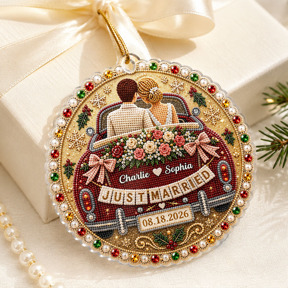Just Married Wedding Car - Personalized Acrylic Ornament - Christmas Gift For Couple