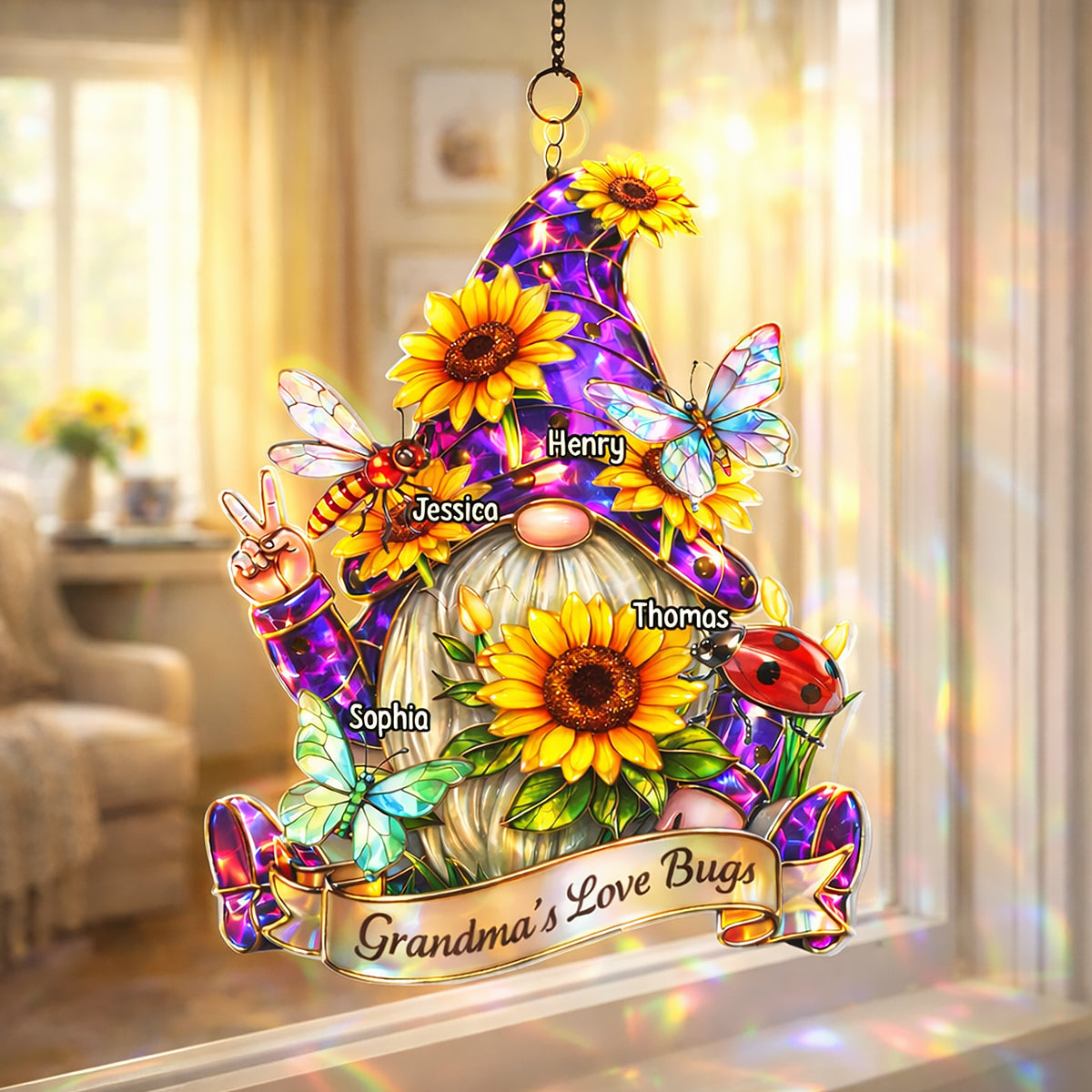Grandma Love's Bugs Gnome - Personalized Suncatcher Ornament - Heartfelt Mother's Day Gift for Grandma