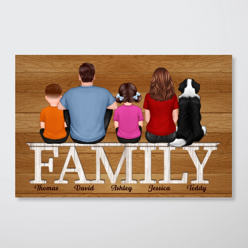 Family Couple Dad Mom Kids Dogs Cats Sitting On Words Personalized Horizontal Poster