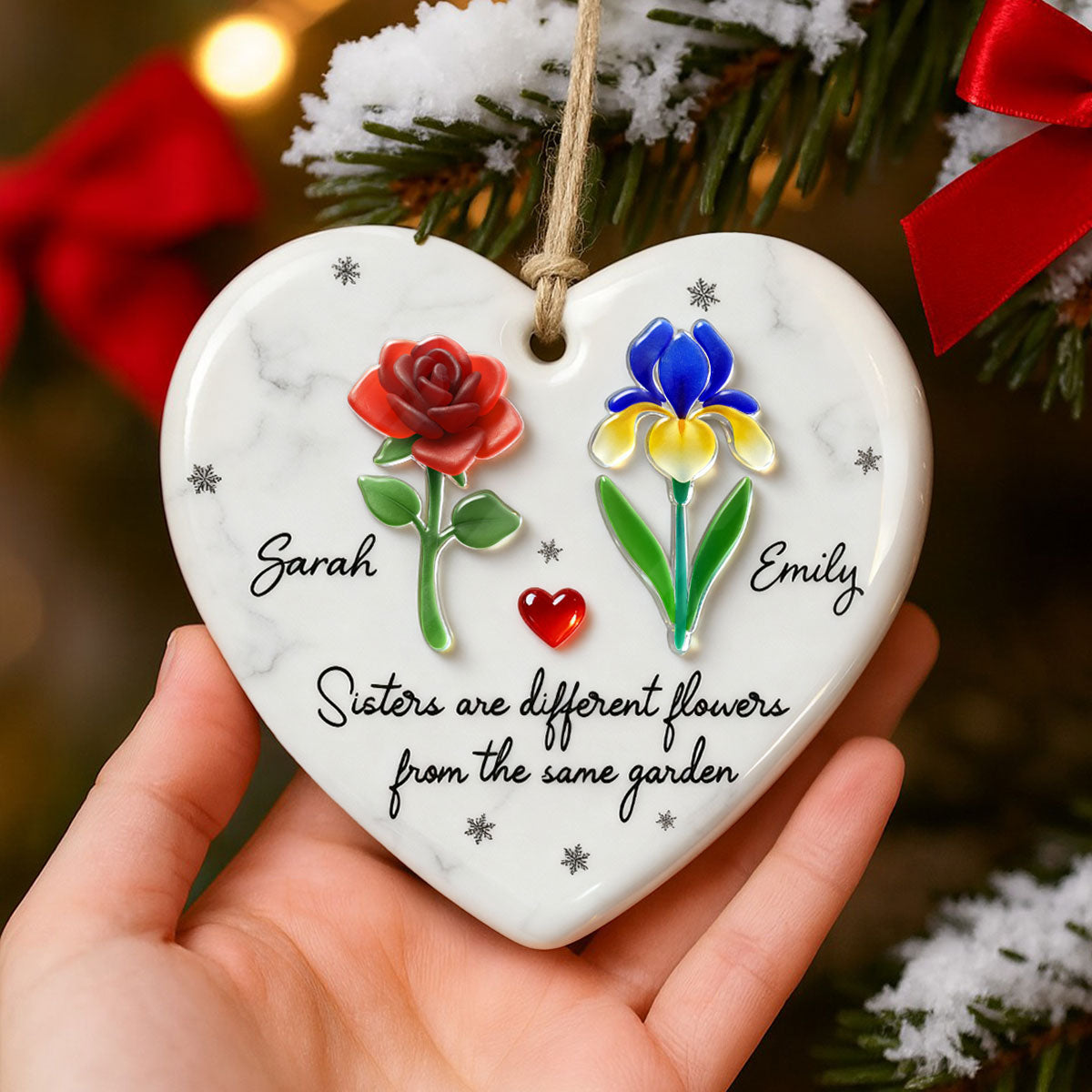 3D Effect Sea Glass Sisters Are Different Flowers from the Same Garden - Personalized Ceramic Ornament with Acrylic