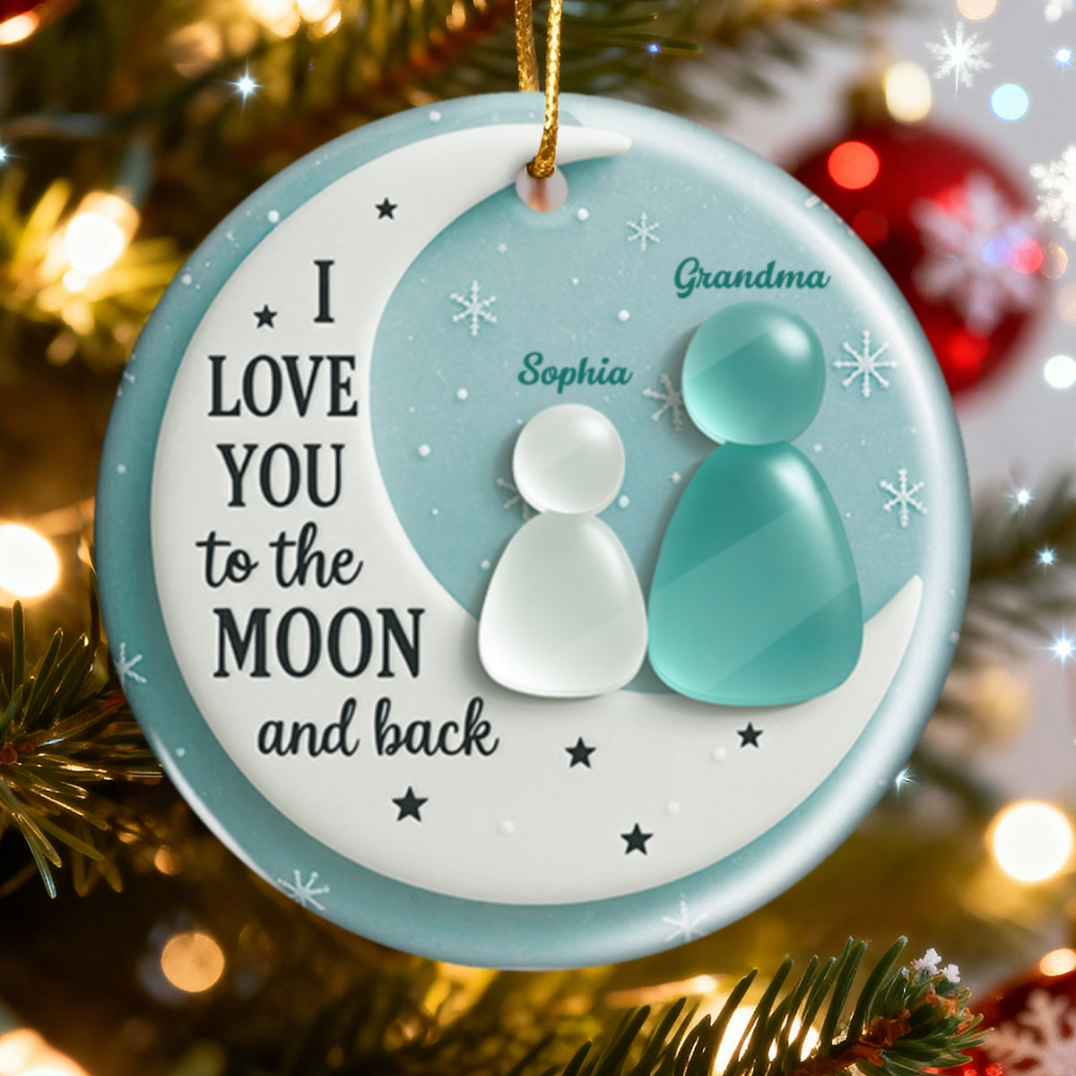 3D Sea Glass Effect Grandma And Grandkid On Moon - Personalized Ceramic Ornament With Acrylic Pieces