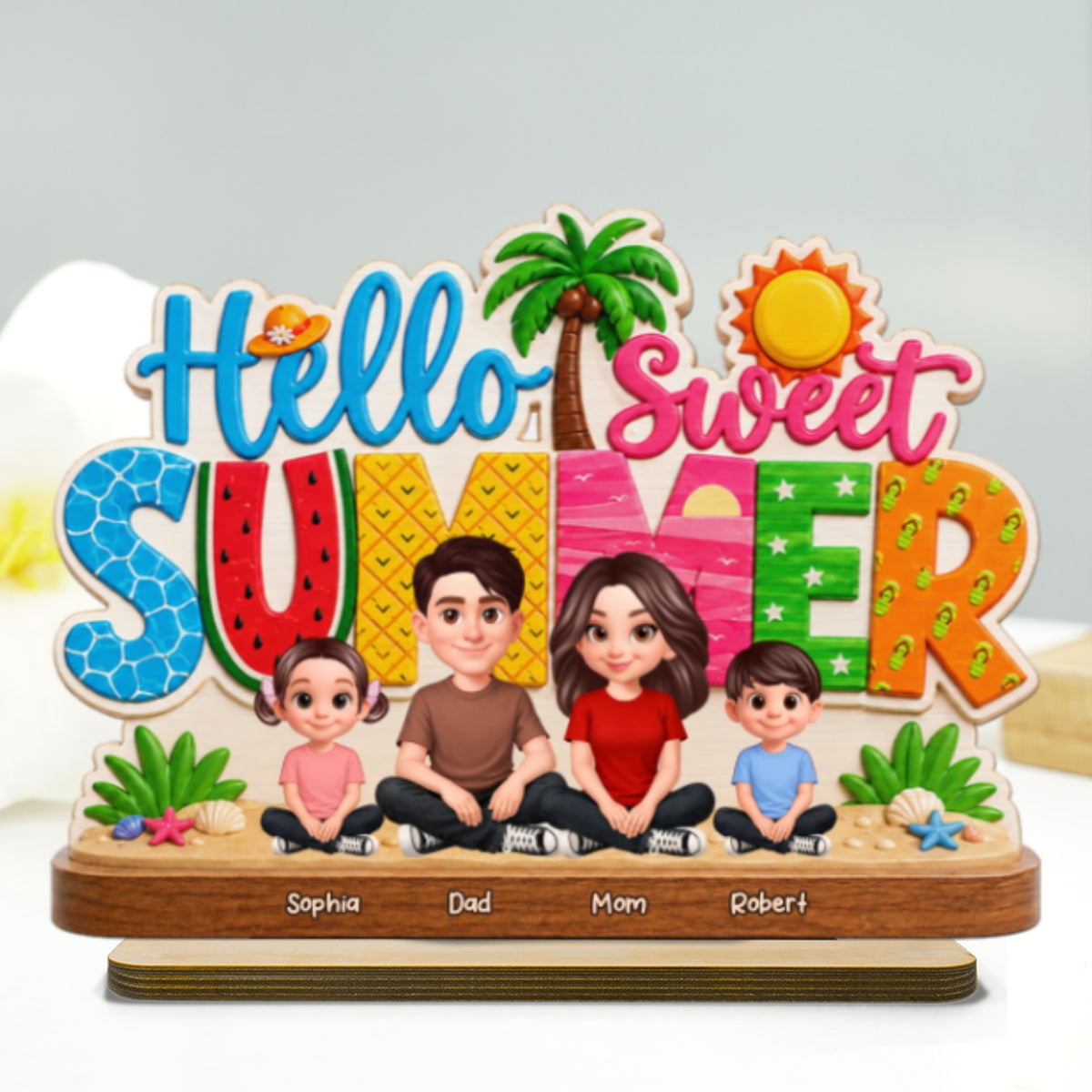 Hello Summer Vibe Family Grandpa Grandma Dad Mom Kids - Personalized 2-Layered Wooden Plaque - Gift For Family, Grandparents, Summer Decoration