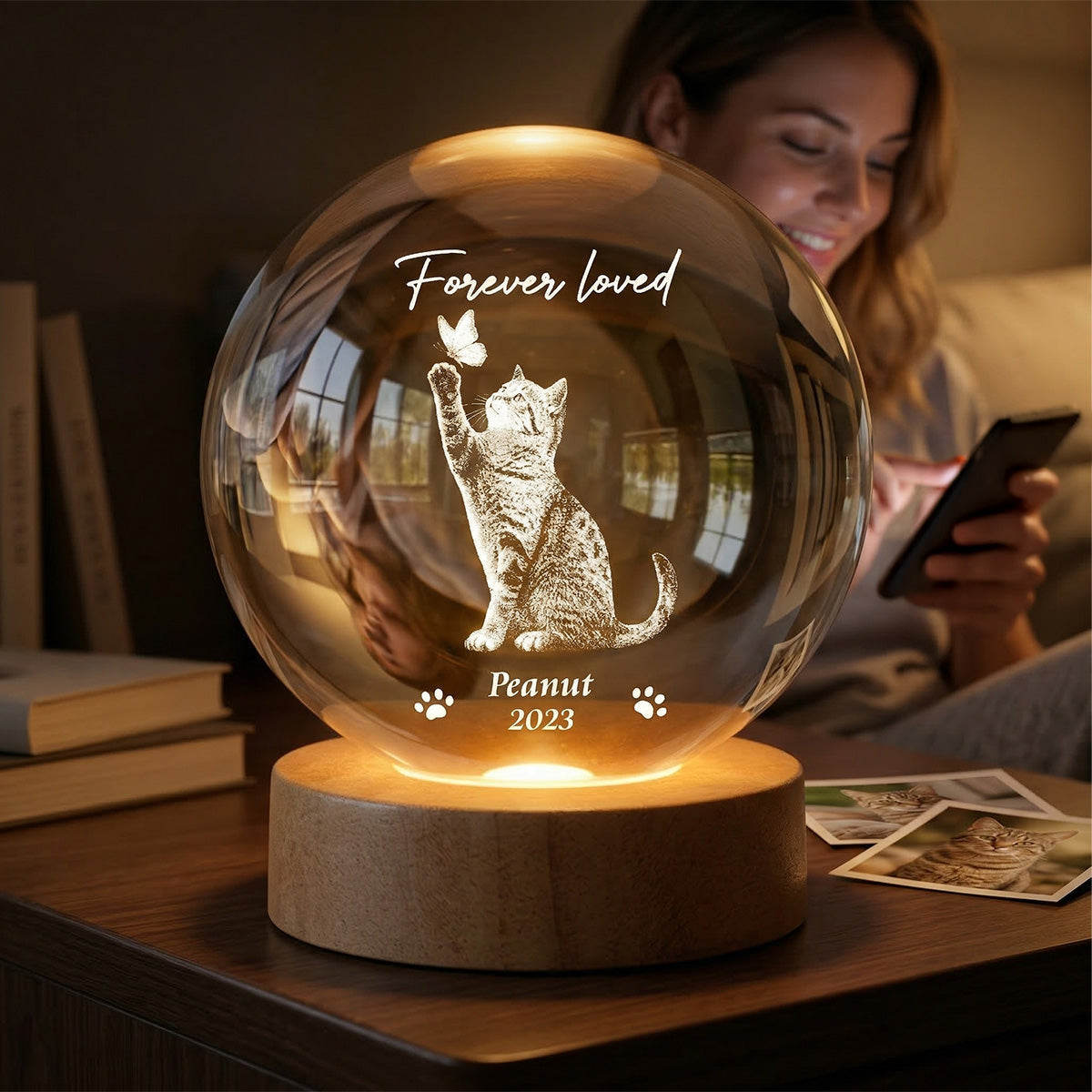 Forever In My Heart Memorial Cat Butterfly - Personalized Crystal Ball LED Night Light - Sympathy Gift For Cat Lovers