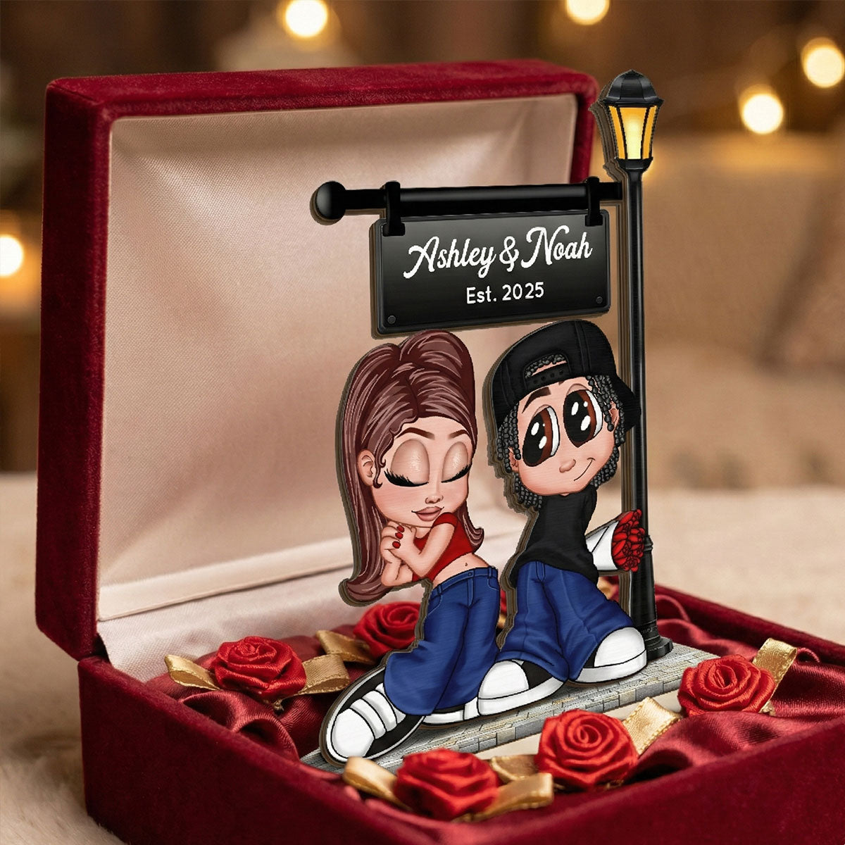 Eternal Love Y2K Couple Under Street Lamp Post - Personalized 2-Layer Wooden Plaque - Gift For Couple, Gift For Him, For Her