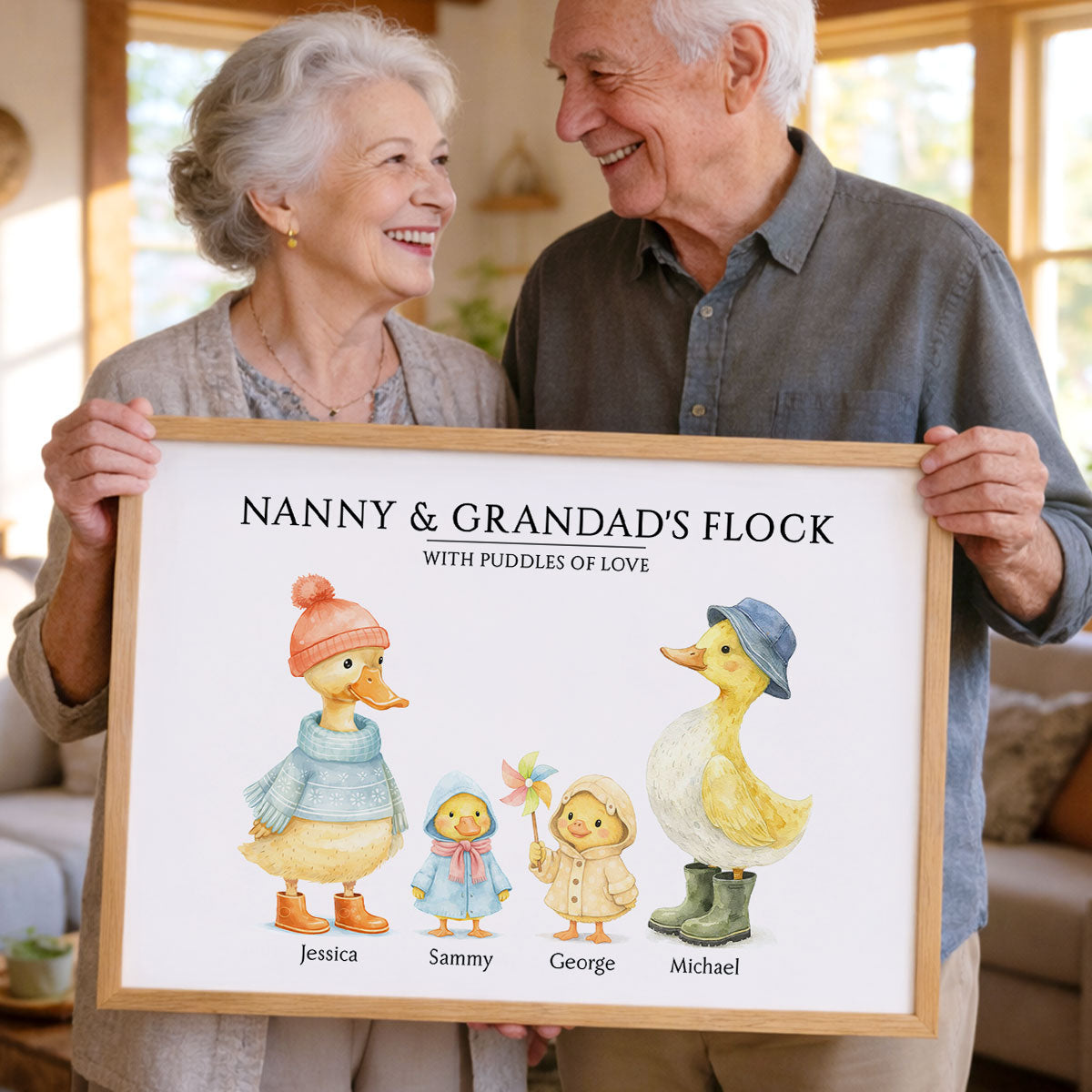 Grandparents Grandad Grandma's Flock with Puddles of Love - Personalised Poster - UK Father's Day Gift for Grandpa