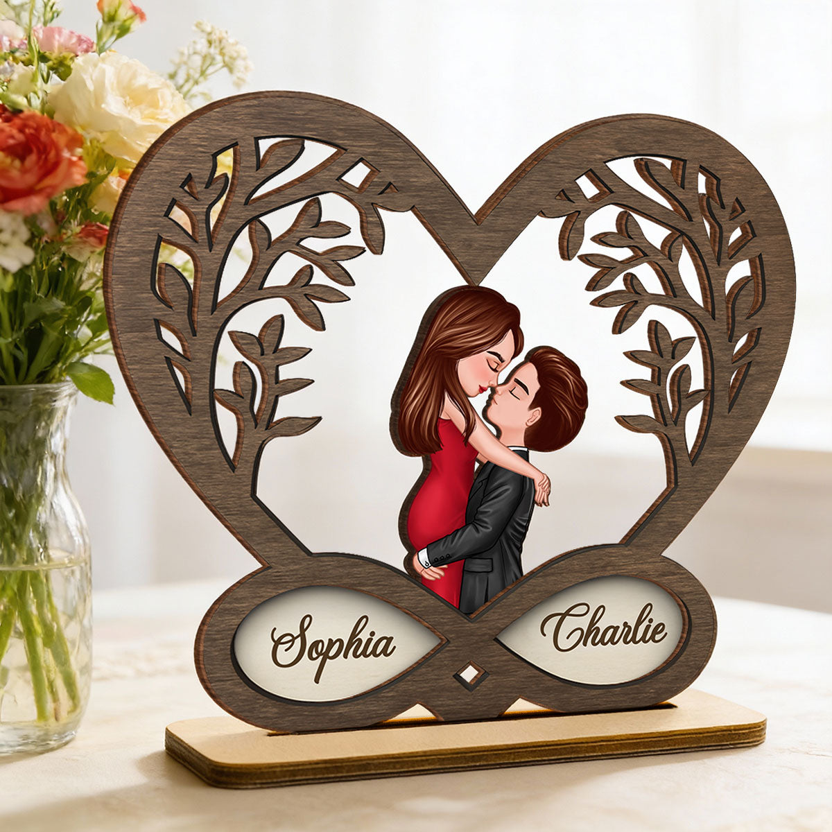 Infinity Heart Love Sign Romantic Couple - Personalized Standing Wooden Plaque - Gift for Couple