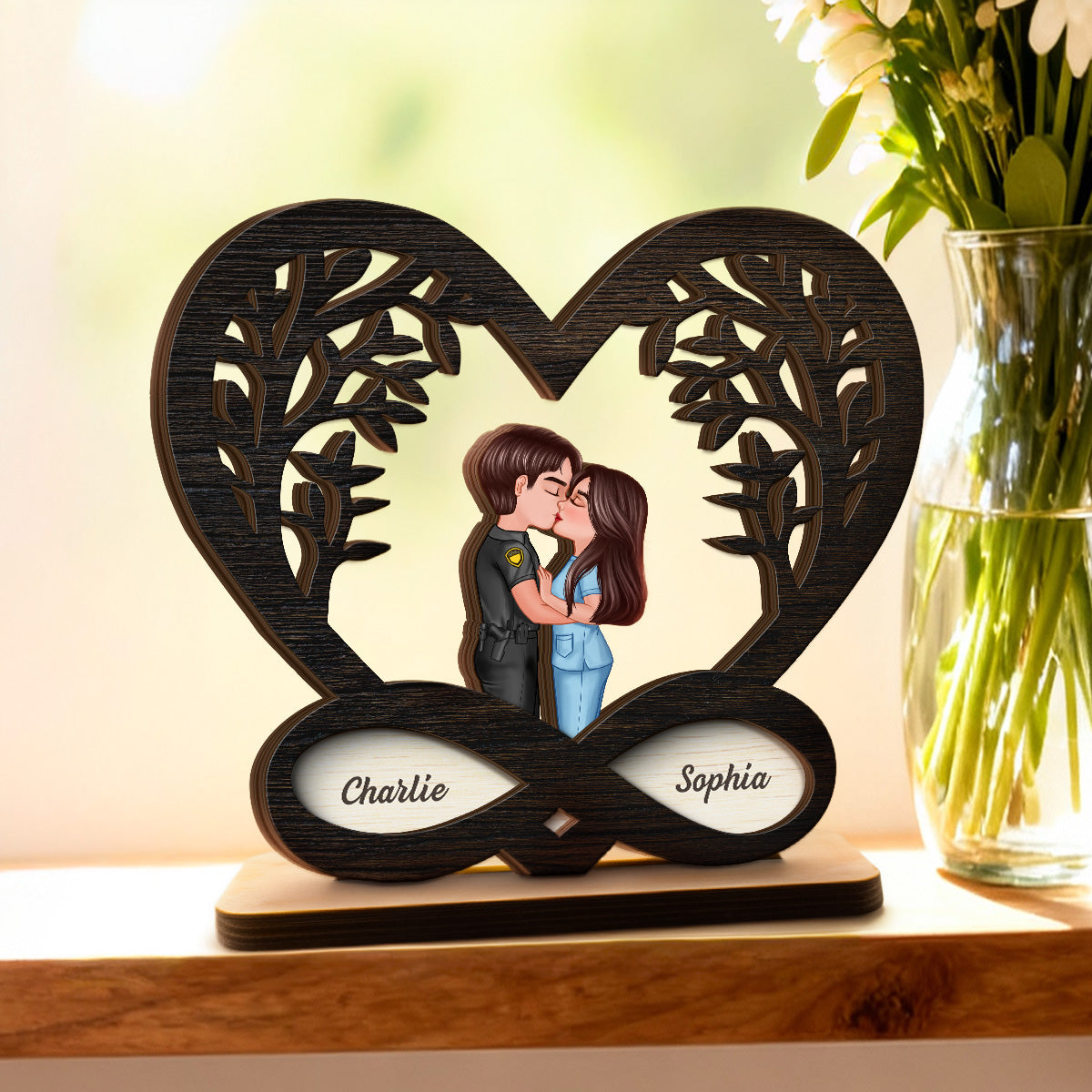 Couple Kissing Under Tree Rustic Infinity Heart - Personalized 2-Layer Wooden Plaque - Valentine's Day, Anniversary Gift For Him, For Her