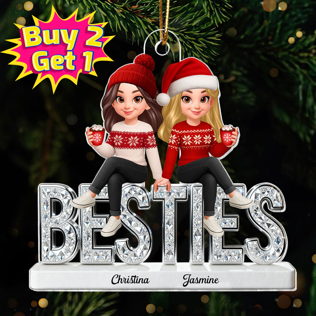 [BUY 2 GET 1 FREE] 3D Shinning Effect Besties Christmas - Personalized Acrylic Ornament - Gift For Best Friends